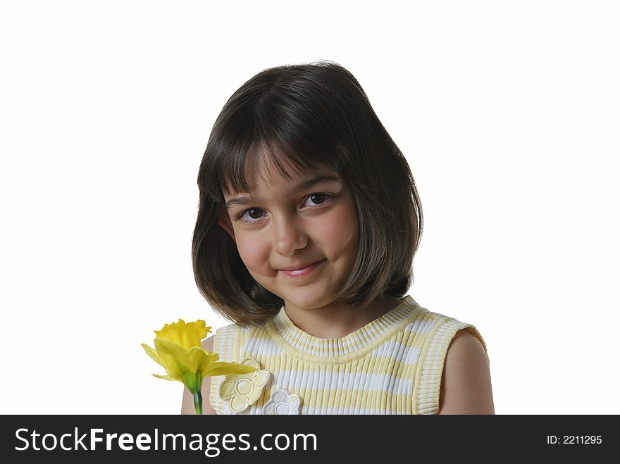 Pretty girl holds a daffodil flower. Pretty girl holds a daffodil flower