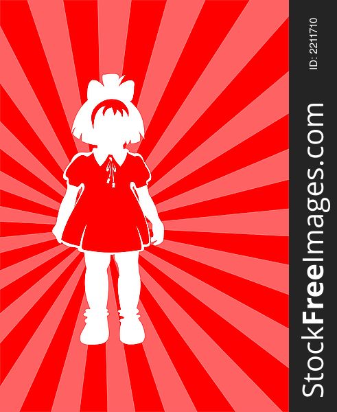 White silhouette of the little girl on a red striped background.