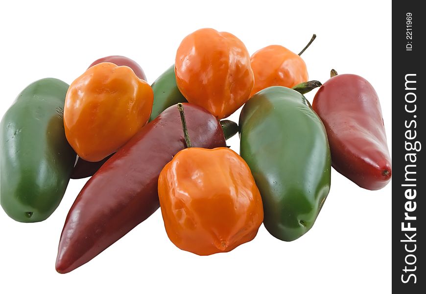 Photo of many peppers isolated on white