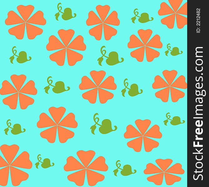 Orange flowers and leaves scattered on blue background. Orange flowers and leaves scattered on blue background