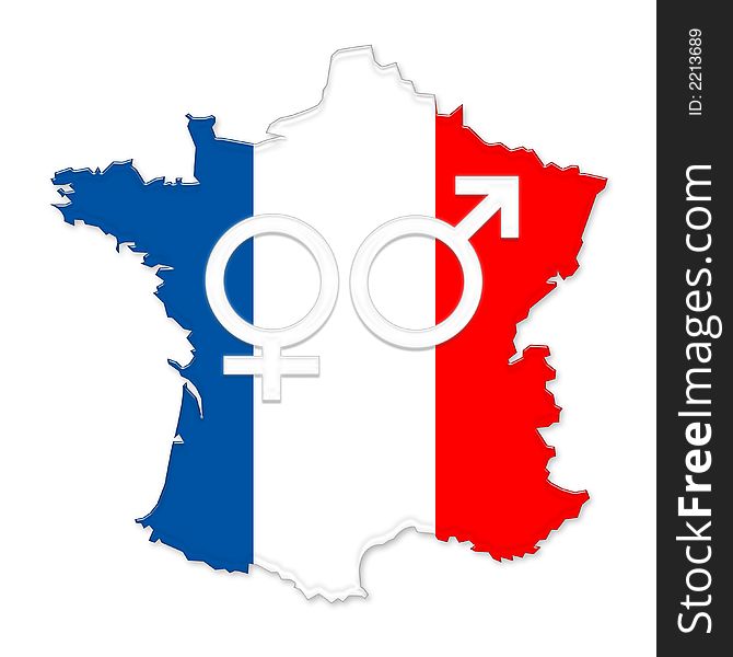 French flag on map of france with male and female symbol. French flag on map of france with male and female symbol