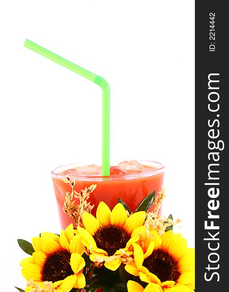 Juice tomato-red juice and sun flowers