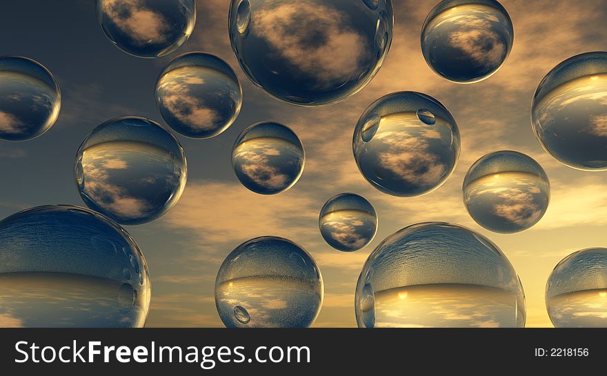 Abstract 3D composition - drops set on sunset sky background. Abstract 3D composition - drops set on sunset sky background.