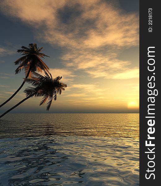 Sunset coconut palm trees on a beach - 3d illustration. Sunset coconut palm trees on a beach - 3d illustration.