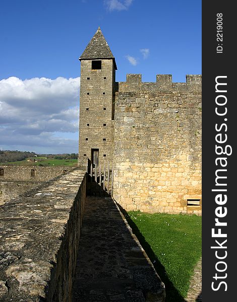 Photo of a tower at Beynac Castle in Perigord, France. Photo of a tower at Beynac Castle in Perigord, France