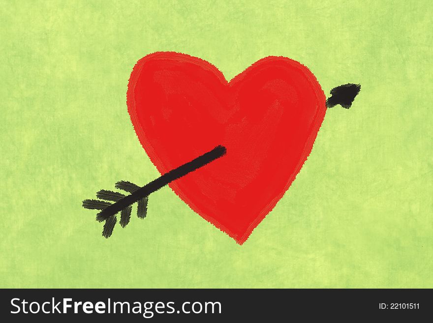 Heart and arrow sketch on green background