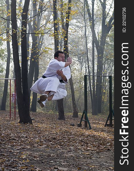 Jump to karate training in the forest. Jump to karate training in the forest