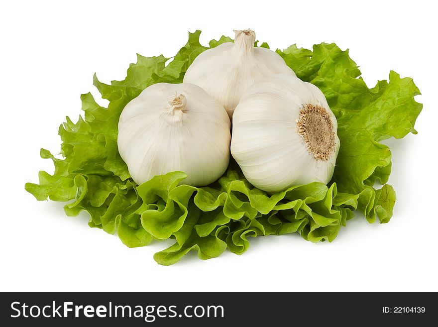 Garlics on lettuce leaves on white