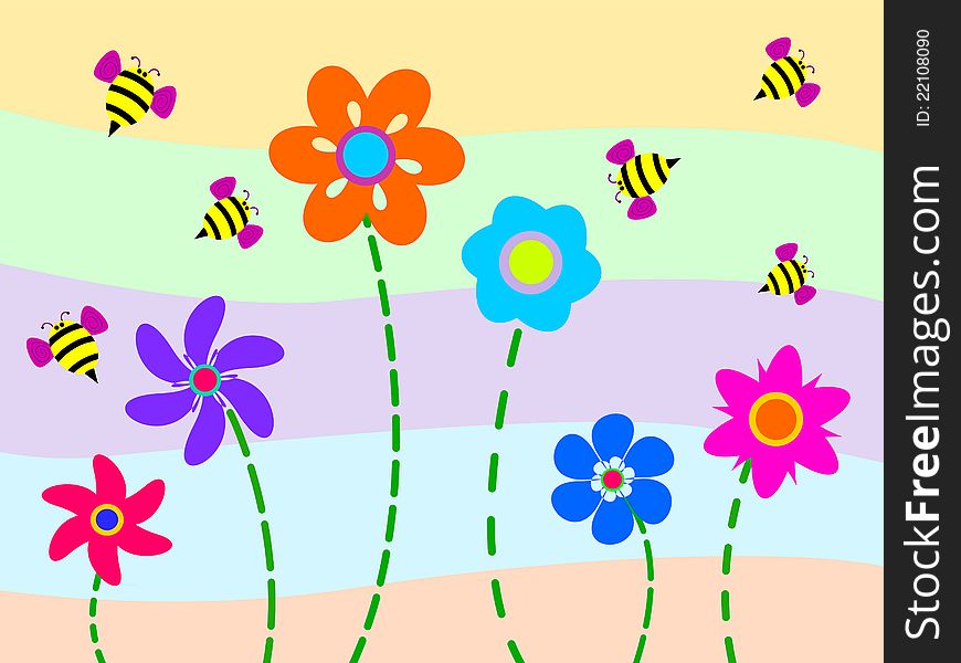 A colorful and cute background with bees flying over flowers. A colorful and cute background with bees flying over flowers