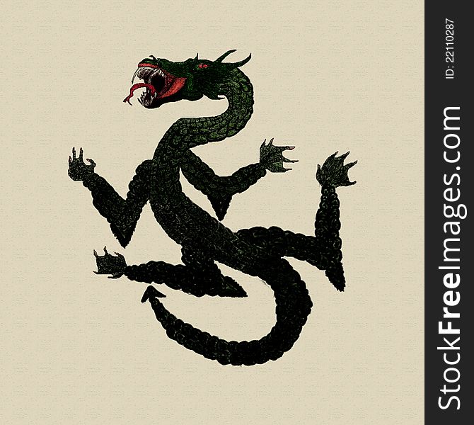 Grunge illustration of dragon on paper background