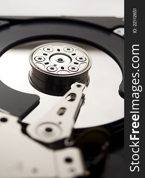 Close-up of the opened Hard Disk Drive. Close-up of the opened Hard Disk Drive