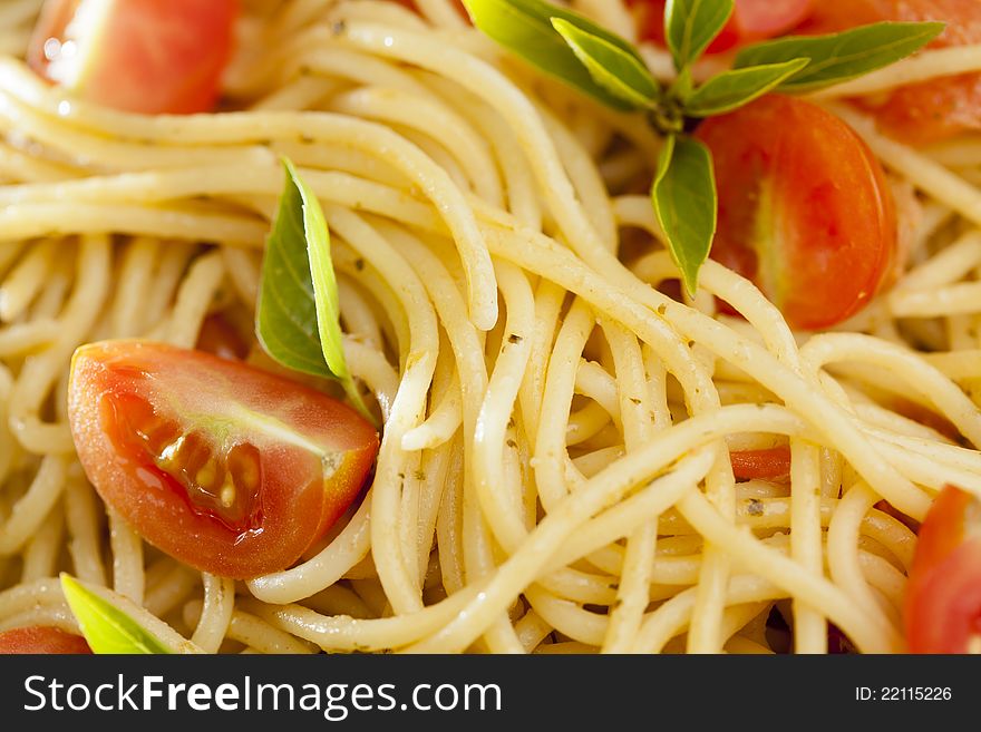 Close-up photograph of a tomato and basil pasta meal. Close-up photograph of a tomato and basil pasta meal