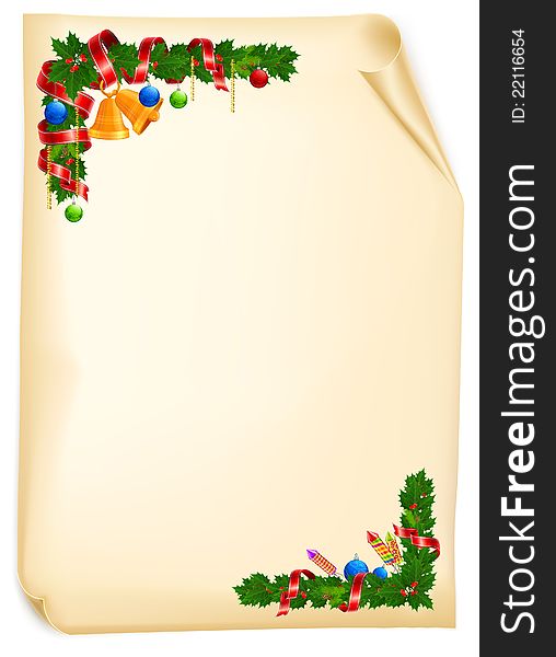 Christmas angle garland with bell, ball and ribbon on old paper roll, vector illustration. Christmas angle garland with bell, ball and ribbon on old paper roll, vector illustration