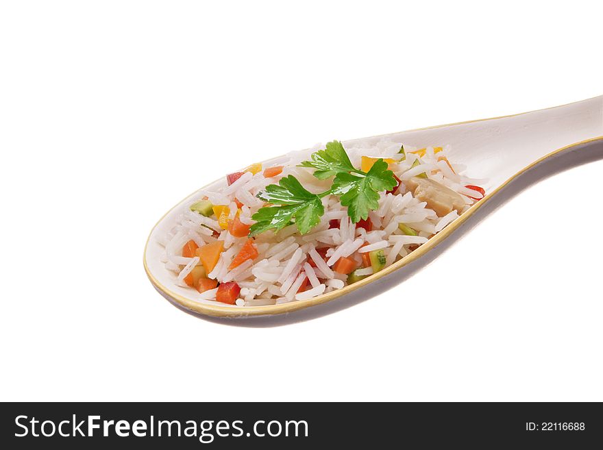 Rice salad with cheese , artichokes, carrots, mushrooms pepper,on white background. Rice salad with cheese , artichokes, carrots, mushrooms pepper,on white background