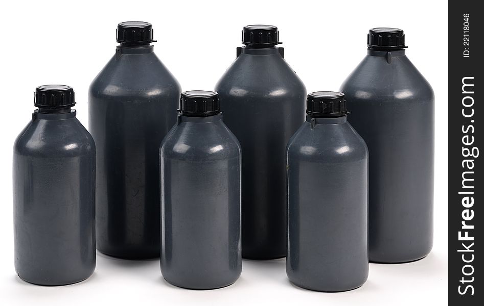 Black plastic bottle of various sizes