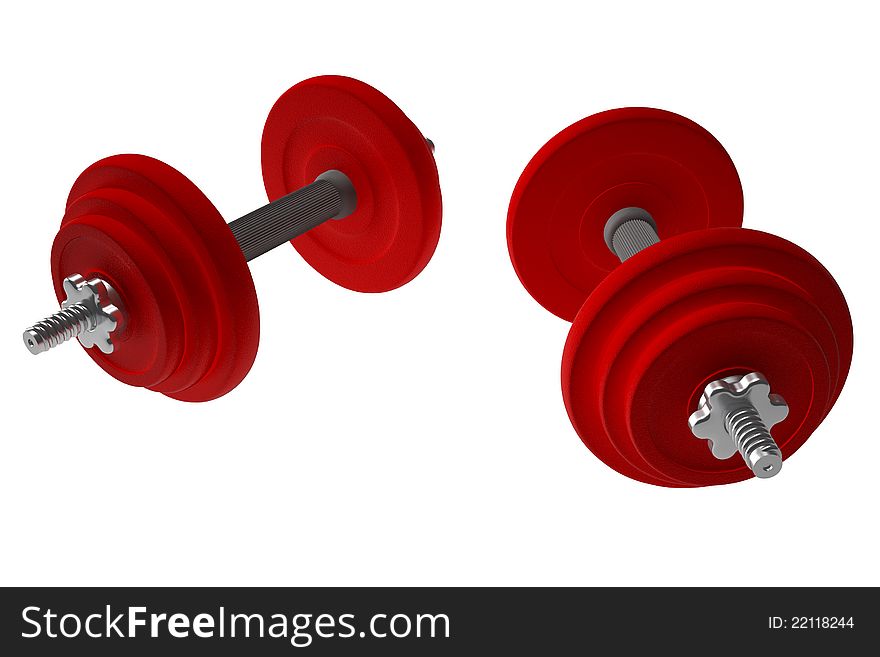 Red weightlifting weights, dumbells, 3d render isolated on white with clipping path. Red weightlifting weights, dumbells, 3d render isolated on white with clipping path