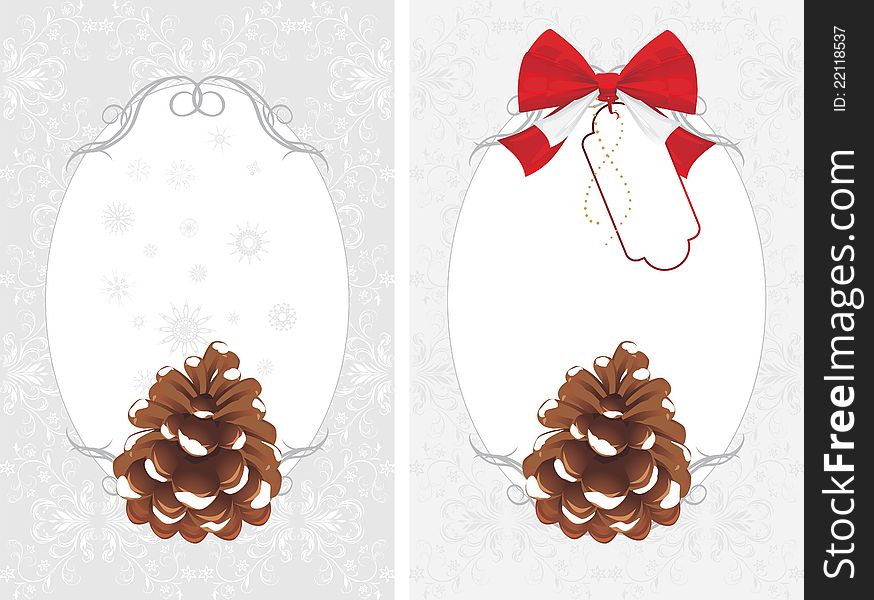 Frame with pinecone on the decorative background. Two cards. Illustration