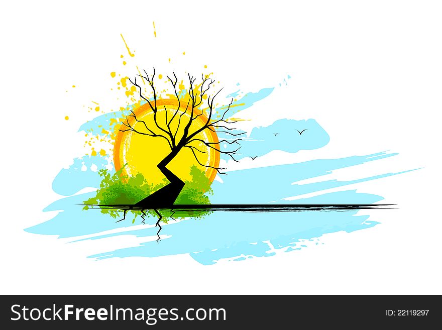 Illustration of dry tree with sunset backdrop