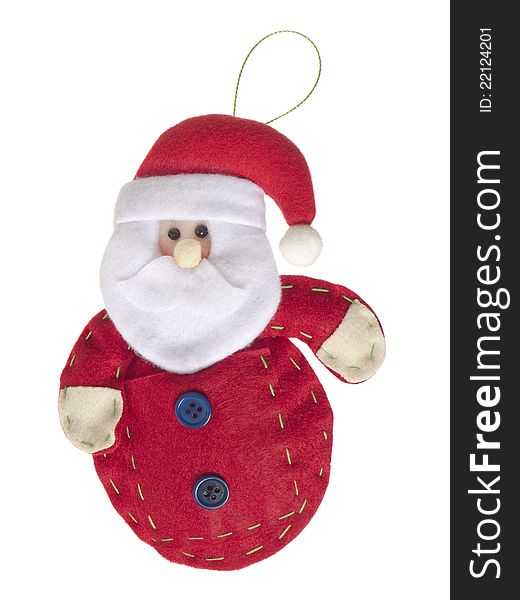 Hand-sewn felt Father Christmas with loop for hanging on holiday tree. Isolated on white. Hand-sewn felt Father Christmas with loop for hanging on holiday tree. Isolated on white.