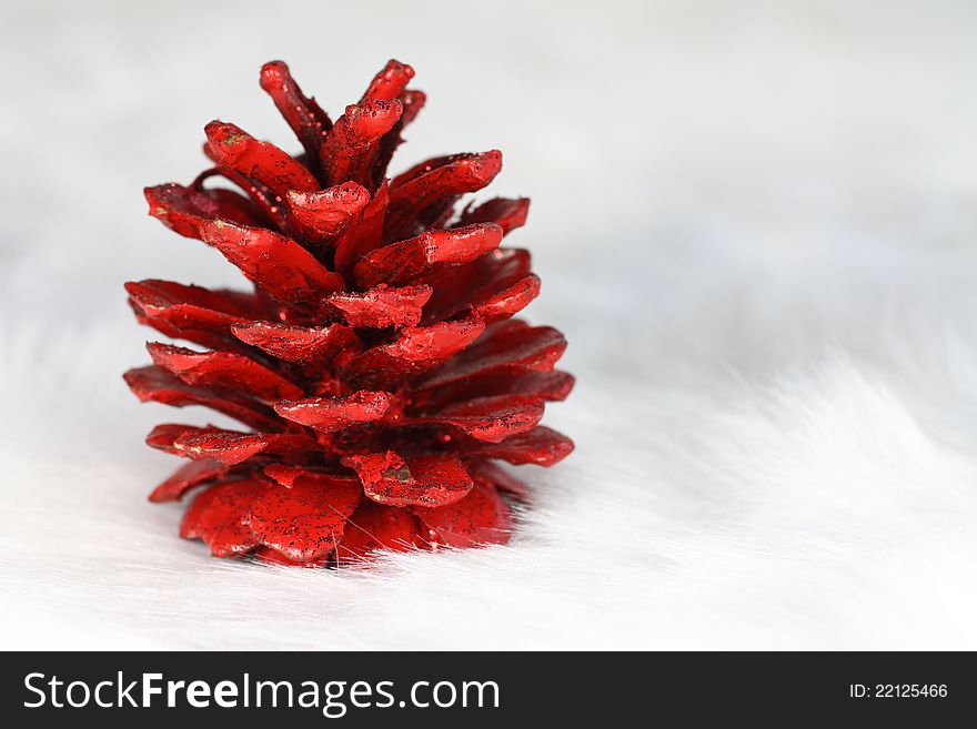 A single Red Christmas Pine cone on a soft background.