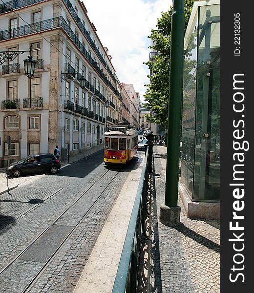 Old tram in the street in Lisbon. Old tram in the street in Lisbon