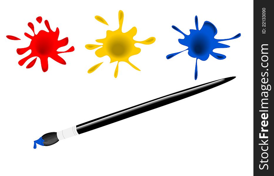 Paint brush with color blotches and white background
