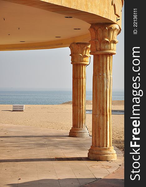 Greek beach panorama with ancient columns. Greek beach panorama with ancient columns