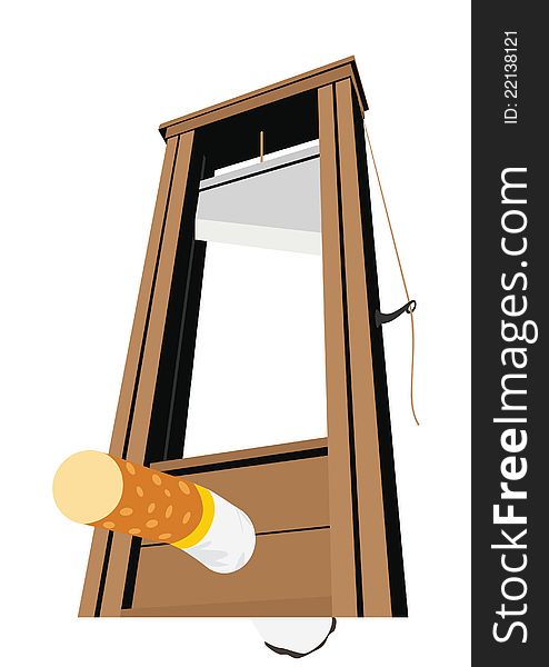 Guillotine with a raised knife and a cigarette. Tool to perform executions. The illustration on a white background. Guillotine with a raised knife and a cigarette. Tool to perform executions. The illustration on a white background