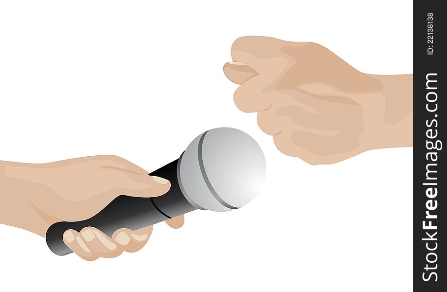 Gestures. Hand holding a microphone and fig. The illustration on a white background. Gestures. Hand holding a microphone and fig. The illustration on a white background