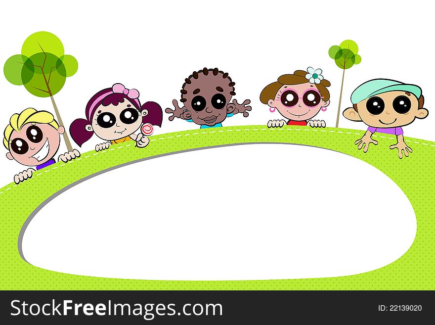 Illustration of kids peeping behind placard with tree. Illustration of kids peeping behind placard with tree