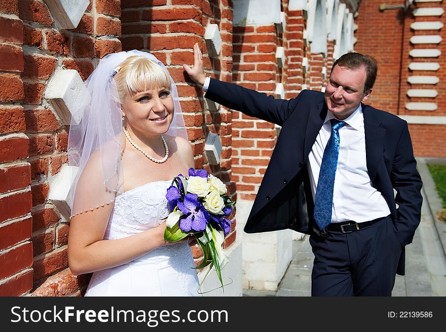 Happy Bride and groom at wedding walk