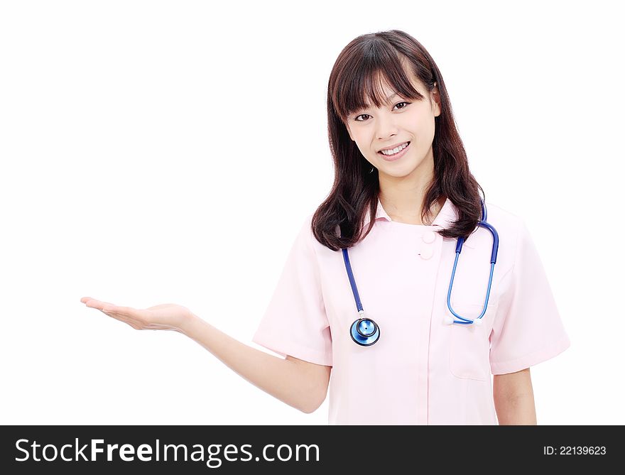 Young asian female nurse hand showing blank sign