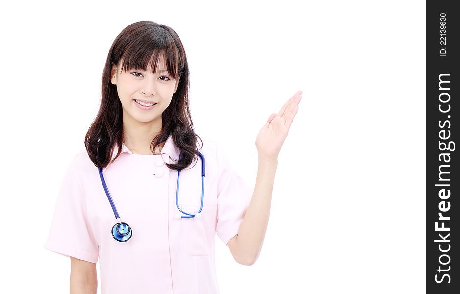 Young asian female nurse hand showing blank sign