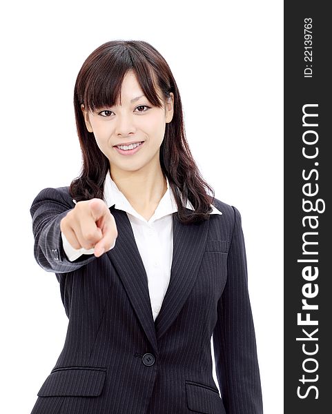Young asian business woman rise hand and pointing