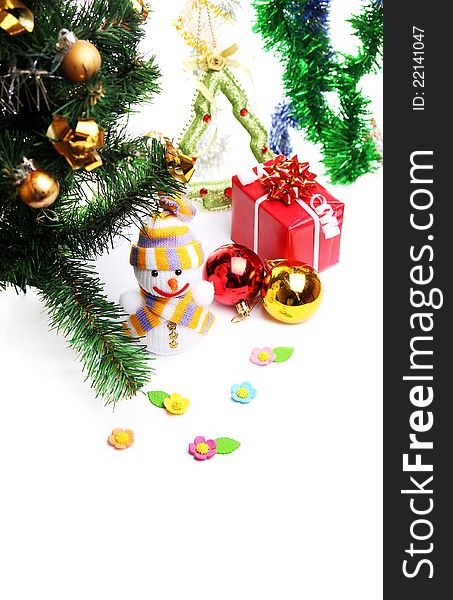 Colorful Christmas card with snowman and decorations. Colorful Christmas card with snowman and decorations