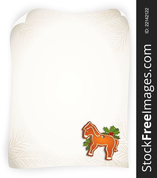 Bitmap illustration of  gingerbread horse and branches of holly on empty vintage sheet - with copy space. Bitmap illustration of  gingerbread horse and branches of holly on empty vintage sheet - with copy space