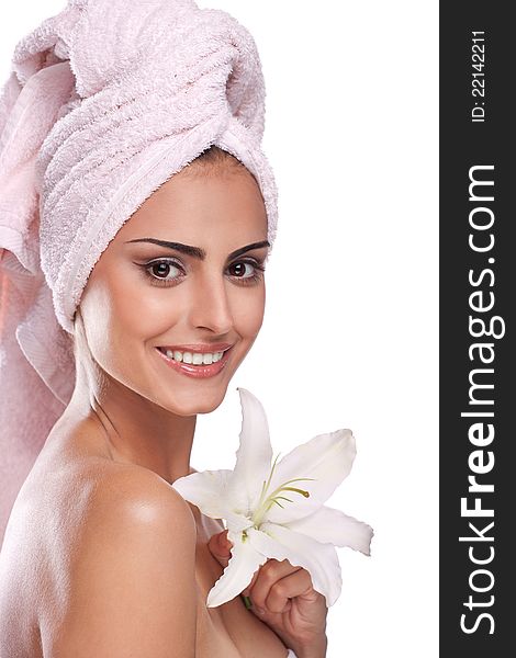 Brunette Spa Woman In Towel On Head