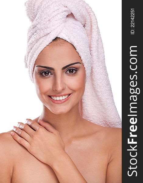 Brunette Spa Woman In Towel On Head