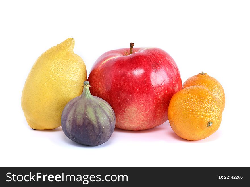 Heap of various fruits on white background