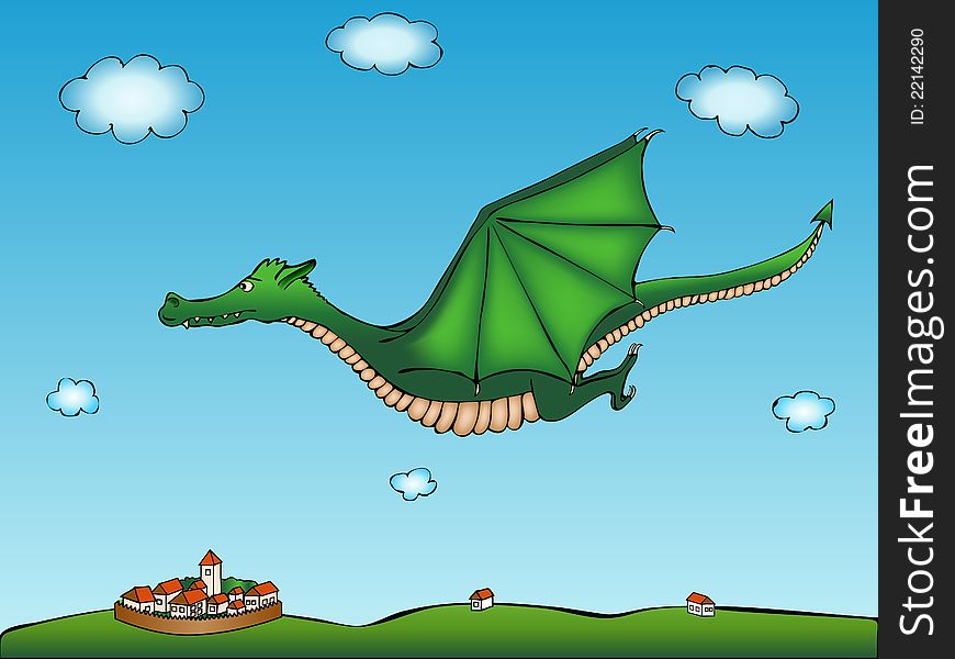 Cartoon green dragon with village background. Cartoon green dragon with village background