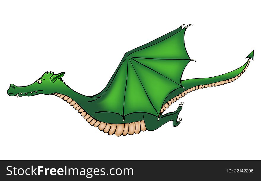 Isolated cartoon green dragon in the air. Isolated cartoon green dragon in the air
