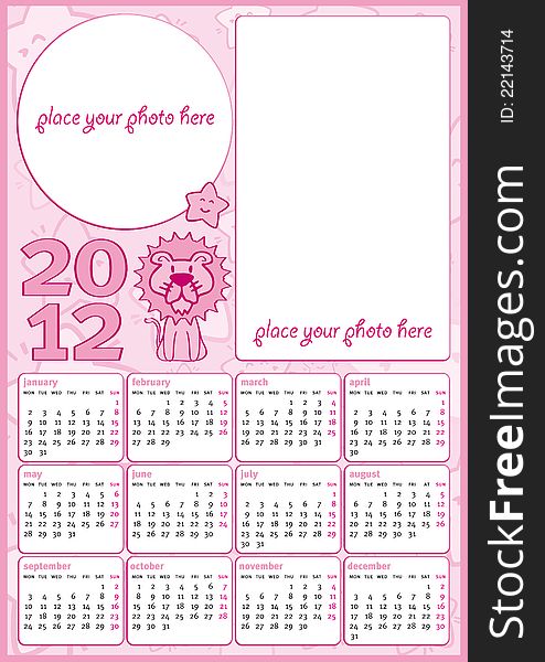 Little girl calendar 2012 in english, pink colours with two blank frames for photos