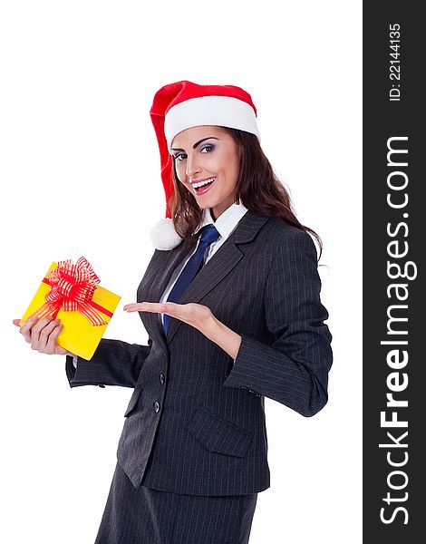 Businesswoman wearing a santa's hat, isolated on white background. Businesswoman wearing a santa's hat, isolated on white background