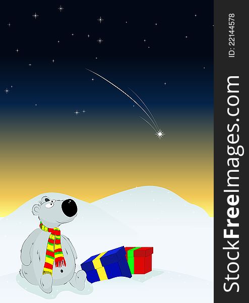 Vector illustration of a Christmas in which the polar bear watching a falling star. Vector illustration of a Christmas in which the polar bear watching a falling star