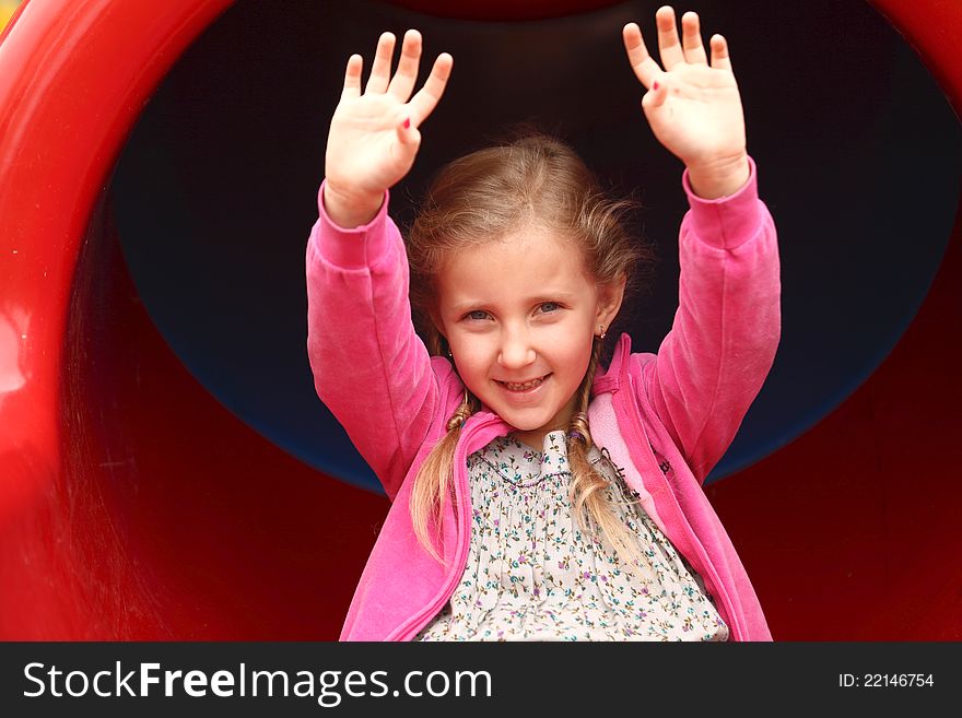 Portrait of blond girl smiling outside autumn day. Portrait of blond girl smiling outside autumn day