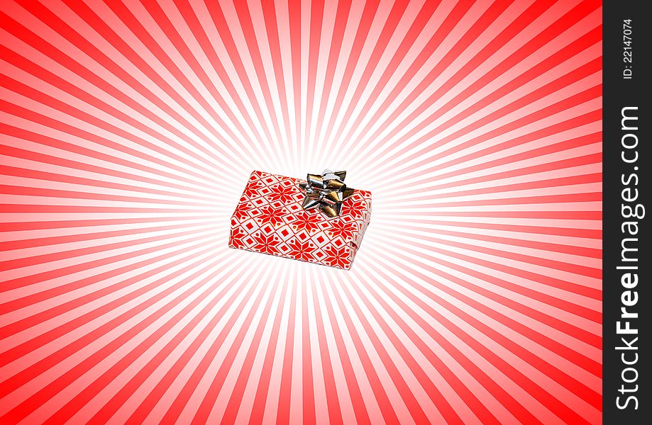 Red christmas gift on red and white background.