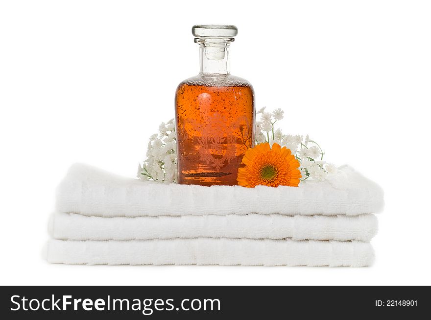 Still life on white background of an old bottle od foam bath. Still life on white background of an old bottle od foam bath