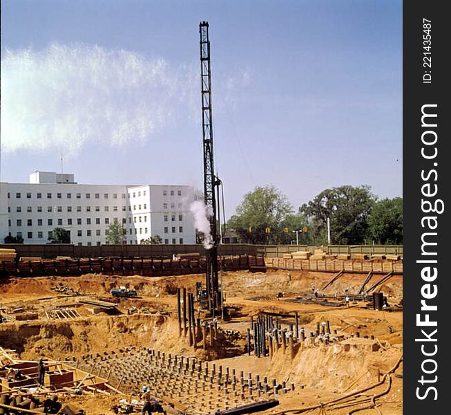 Scene of excavation for Florida&#x27;s new capitol building looking south towards the Knott building: Tallahassee, Florida