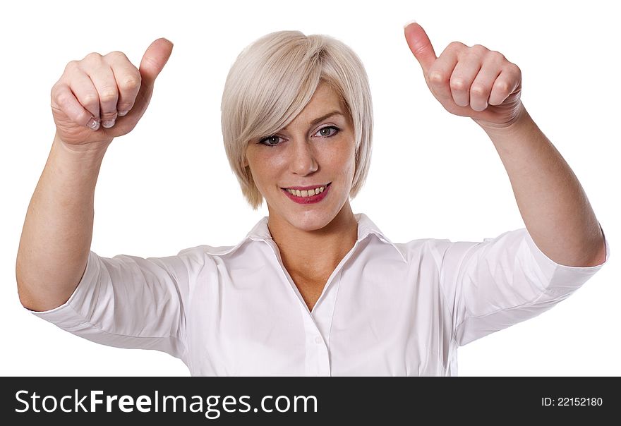 Business woman with thumbs up against white background. Business woman with thumbs up against white background.