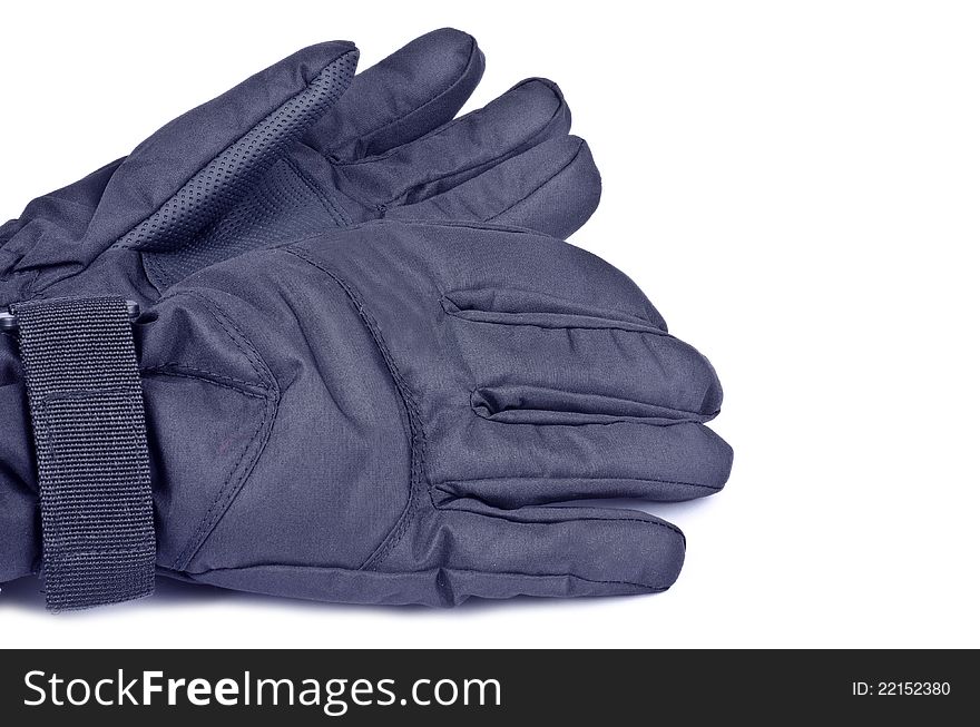 A pair of black nylon gloves isolated on white.